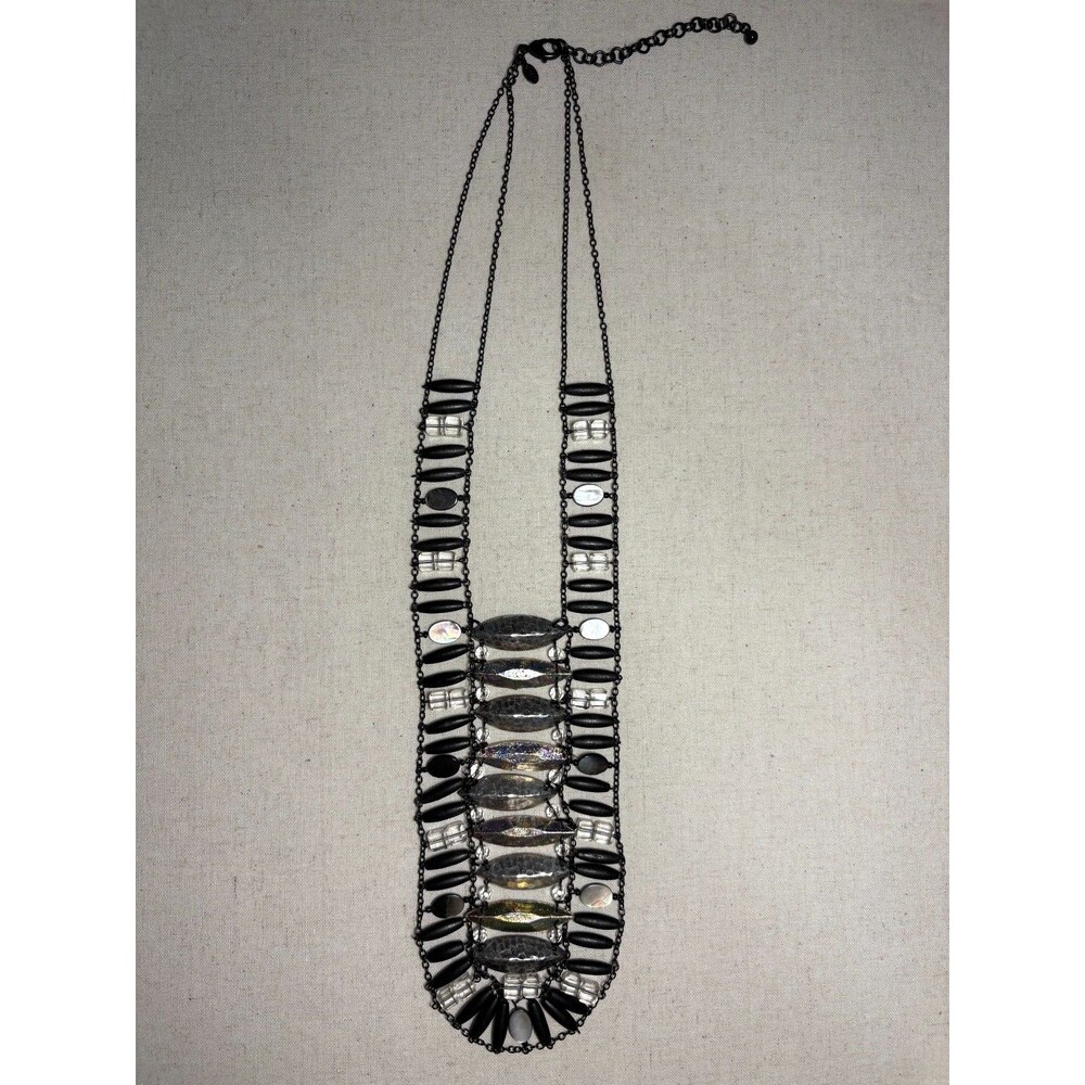 Chico's Necklace Black Silver Iridescent beads bib statement tribal boho 20"